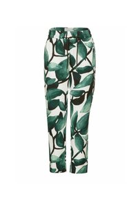 Tištěné kalhoty s vzorem zelených listů na bílém pozadí, s elastickým pasem a stahovací šňůrkou pro úpravu velikosti.