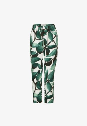 Tištěné kalhoty s vzorem zelených listů na bílém pozadí, s elastickým pasem a stahovací šňůrkou pro úpravu velikosti.