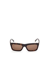 Occhiali da sole tartarugati con lenti marroni rettangolari. La montatura in acetato presenta un marchio discreto sul lato e tempie eleganti e curve.