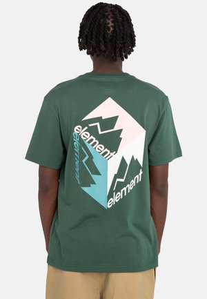 Green cotton t-shirt featuring a cube graphic with mountain silhouettes in light pink and blue, and the word "element" in white.