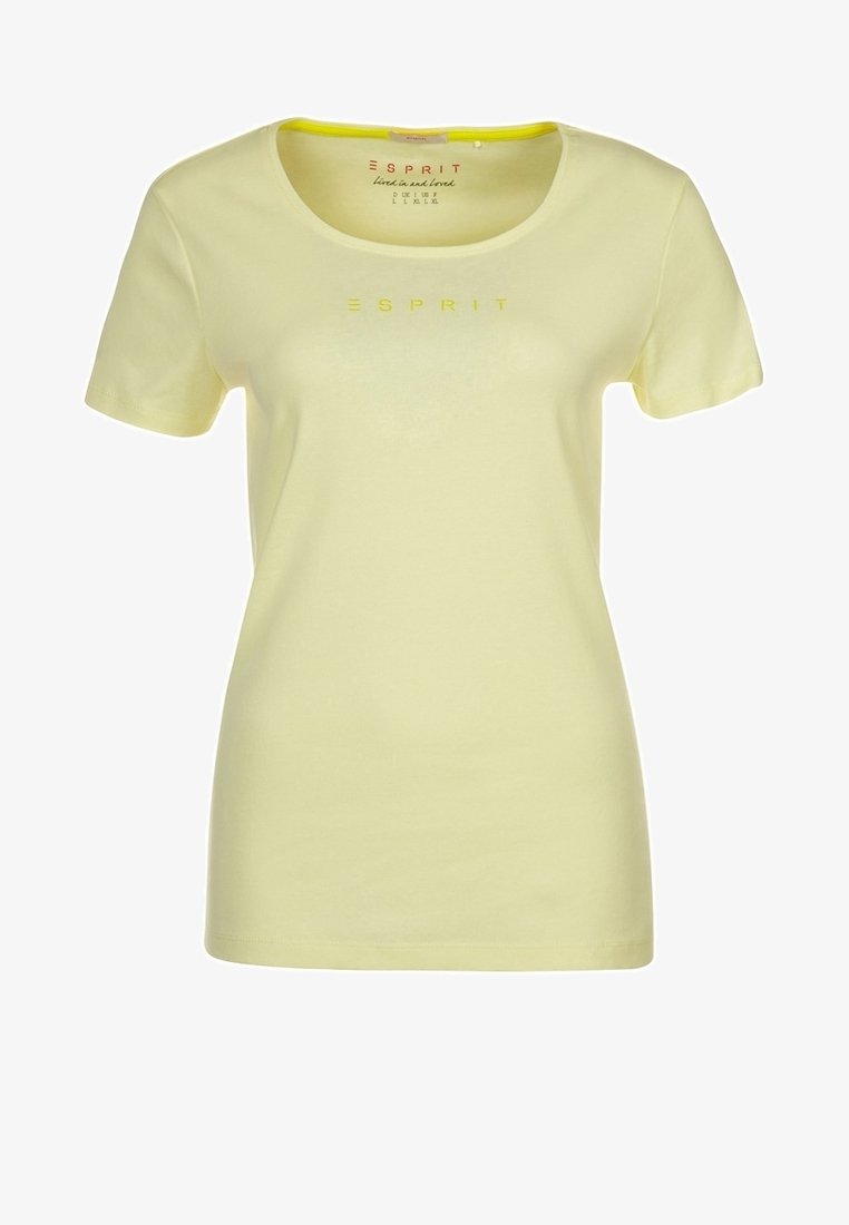 T-shirt pour femmes à manches courtes de couleur jaune pâle avec un col rond et "ESPRIT" imprimé en petites lettres jaunes sur la poitrine.