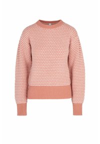 Roze gebreide trui met een gestructureerd bobbelpatroon, ronde halslijn en geribbelde manchetten en zoom. Lichtgewicht stof, losse pasvorm.