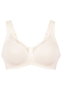 Beige bra with molded cups, wide adjustable straps, and seamless design. Features smooth texture and a secure front closure.