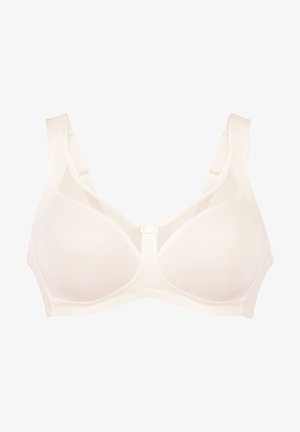 Beige beha met gevormde cups, brede verstelbare banden en naadloos ontwerp. Heeft een gladde textuur en een veilige sluiting aan de voorkant.