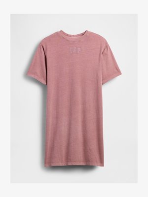 Camiseta corta de manga corta en rosa empolvado sólido con cuello redondo y un sutil logo de "GAP" en el pecho.