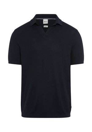 Donkerblauw poloshirt met korte mouwen, een gebreide textuur, een open kraag en een klein merklabel aan de binnenkant van de halslijn.