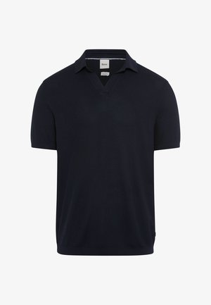 Donkerblauw poloshirt met korte mouwen, een gebreide textuur, een open kraag en een klein merklabel aan de binnenkant van de halslijn.