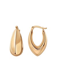 Złote kolczyki w kształcie obręczy o nowoczesnym, eleganckim designie, z kształtem kropli i gładką, błyszczącą fakturą.