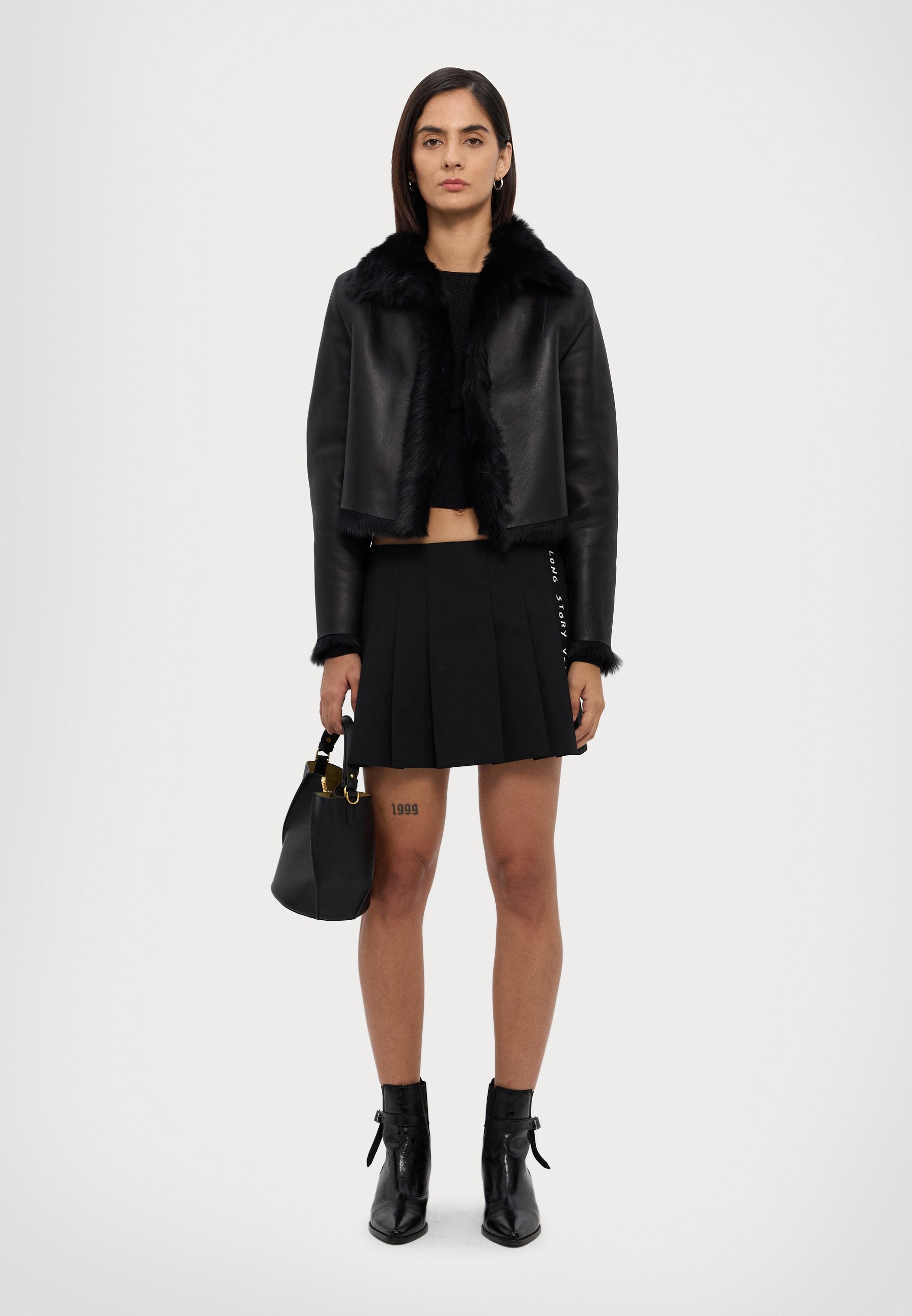 STUDIO ID CROPPED SHEARLING JACKET - Leather jacket - black
