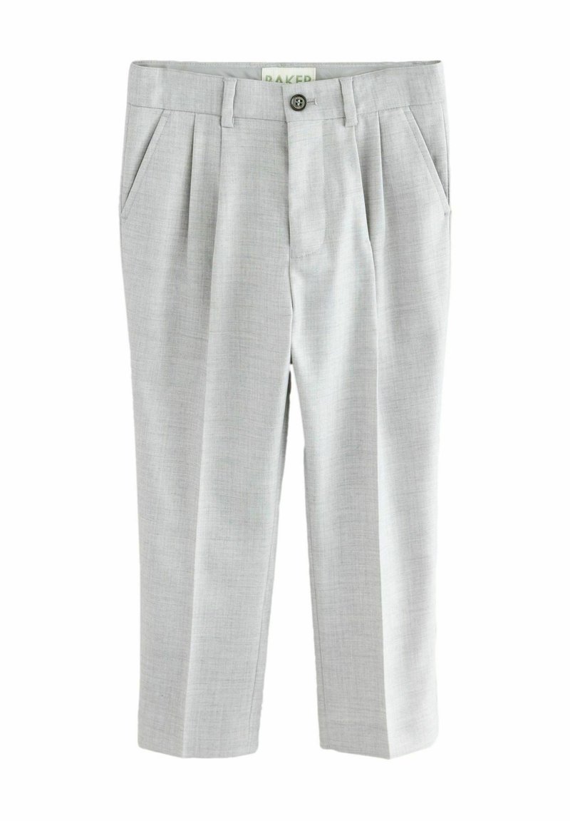 Pantaloni grigi chiari con finitura testurizzata, davanti plissettato, tasche laterali e chiusura con bottone, caratterizzati da un design a gamba dritta.