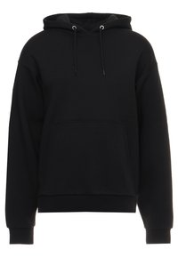 Sudadera negra con capucha, de manga larga, con bolsillo canguro en la parte frontal y capucha ajustable con cordones.