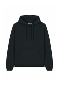 Felpa nera in cotone, con tasca frontale, cappuccio con cordino e polsini e orlo a coste. Design semplice e uniforme senza motivi.