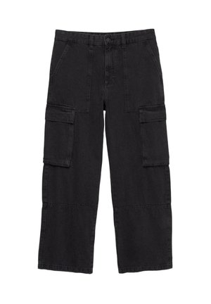 Pantaloni cargo neri in cotone, caratterizzati da una vestibilità ampia, due tasche frontali e due tasche laterali cargo con vita piatta.