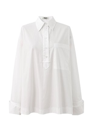 Witte lange mouwen knoopsluiting shirt met puntige kraag, borstzak en verlengde manchetten, ontworpen door FRNCH Paris.