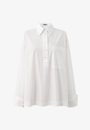 Weißes Langarm-Hemd mit Knopfleiste, spitzem Kragen, Brusttasche und verlängerten Manschetten, entworfen von FRNCH Paris.