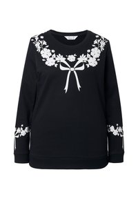 Czarny sweatshirt z białym floralnym wzorem oraz motywami kokard na klatce piersiowej i rękawach. Wykonany z miękkiego materiału, z okrągłym dekoltem i długimi rękawami.