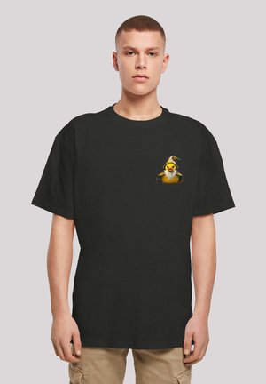 Black cotton t-shirt featuring a small cartoon duck wearing sunglasses and a hat on the chest area, short sleeves, standard fit.