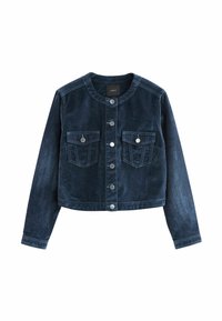 Navyblaue Jeansjacke mit Rundhalsausschnitt, langen Ärmeln, zwei Fronttaschen, Knopfleiste vorne und strukturiertem Finish.
