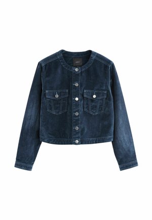 Navy blue denim jacket with a round neck, long sleeves, two front pockets, front button closure, and a textured finish.