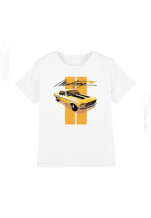 White t-shirt with yellow classic Ford Mustang car illustration, two vertical yellow stripes, and "Mustang" text with running horse logo above.