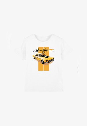 White t-shirt with yellow classic Ford Mustang car illustration, two vertical yellow stripes, and "Mustang" text with running horse logo above.