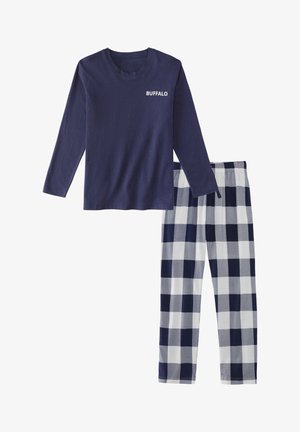 Marineblauwe longsleeve shirt met de tekst "BUFFALO". Bijpassende pyjamabroek heeft een marineblauw en wit ruitpatroon. Zachte katoenmaterialen.