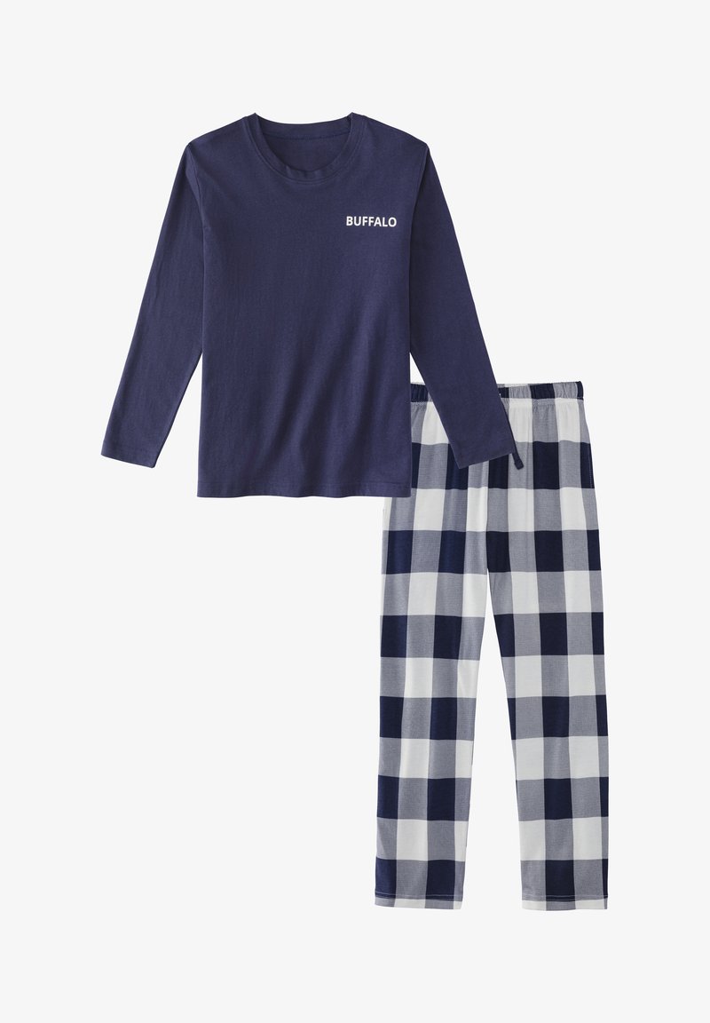 Modra majica s dolgimi rokavi z napisom "BUFFALO". Ujemajoče se pižamaste hlače imajo modro-bel karo vzorec. Mehka bombažna tkanina.