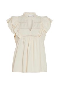 Blouse couleur crème avec manches courtes à volants, col en V, et des détails froncés le long du buste pour la texture et le mouvement.