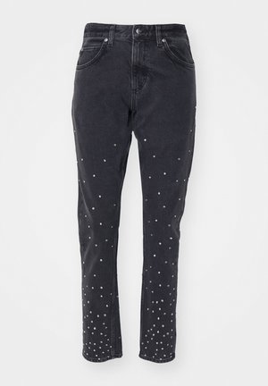 Black denim jeans with a relaxed fit, featuring silver studs scattered from waist to hem on the front, and traditional five-pocket design.
