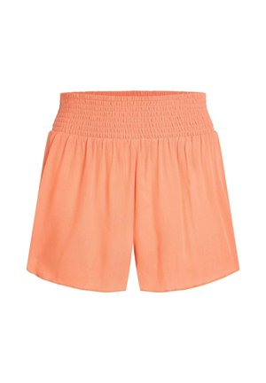 Peach-colored shorts with a smocked waist, lightweight fabric, and flowing design. Features a soft texture and relaxed fit.