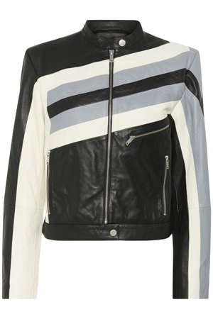 Leather jacket featuring black, white, and light blue diagonal stripes, zippered front, and two side zip pockets. Smooth texture, fitted design.
