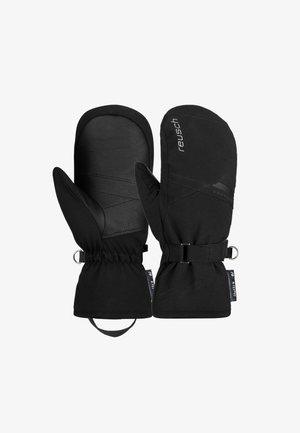 Zwarte wanten met een leren palm, elastische manchetten en een strakker verstelbaar bandje. Gladde stofafwerking met verstevigende stiksels.