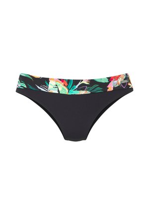 Parte inferior de bikini negra con una cinturilla de estampado de hojas tropicales coloridas en tonos verdes, naranjas, rosas y púrpuras.