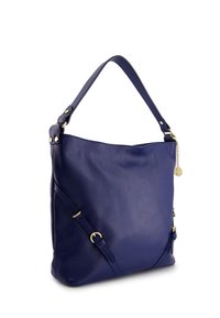 Marineblauwe leren handtas met een gestructureerd oppervlak, enkele schouderriem, goudkleurige hardware-accenten en een verstelbare zijriem.