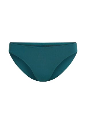 Tyrkysové bikini kalhotky z hladké, pružné látky. Mají nízký pas a minimalistický design bez viditelných kovových částí nebo vzorů.