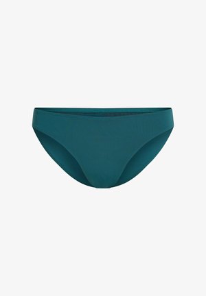 Tyrkysové bikini kalhotky z hladké, pružné látky. Mají nízký pas a minimalistický design bez viditelných kovových částí nebo vzorů.