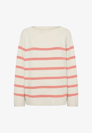 Beige neule, jossa on leveät korallinväriset raidat, pyöreä pääntie ja pitkät hihat. Valmistettu pehmeästä neuloksesta, jossa on rento istuvuus.