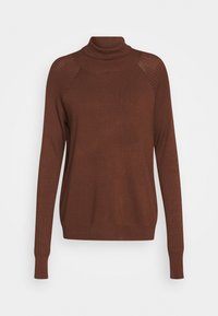 Pull à col roulé marron en tissu tricoté doux, avec des détails côtelés sur les manches et le corps, coupe décontractée et manches longues.