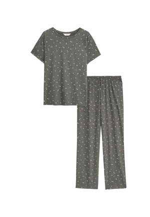Set di pigiama grigio in cotone composto da una maglietta a maniche corte e pantaloni con vita elasticizzata, decorati con un motivo geometrico piccolo e rosa sparso.