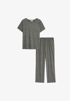 Set di pigiama grigio in cotone composto da una maglietta a maniche corte e pantaloni con vita elasticizzata, decorati con un motivo geometrico piccolo e rosa sparso.