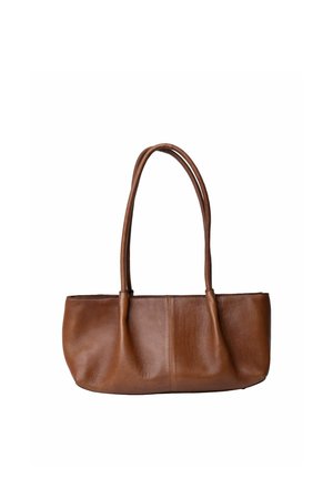 Brown leather handbag with a smooth texture, rectangular shape, and two long handles for shoulder carry against a white background.