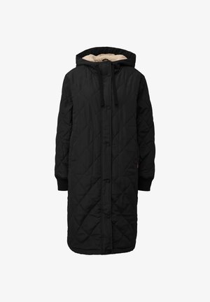 Schwarzer, gesteppter langer Mantel mit Kapuze, ausgestattet mit einem weichen, beigen Innenfutter, Druckknopfverschluss und gerippten Bündchen. Schlichtes, funktionales Design.