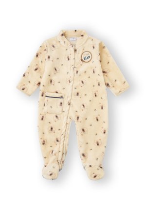 Pijama de forro polar en crema claro con estampado de osos y detalles en verde. Cuenta con un parche redondo de "pequeño oso" y bolsillo frontal. Diseño con pies cubiertos.