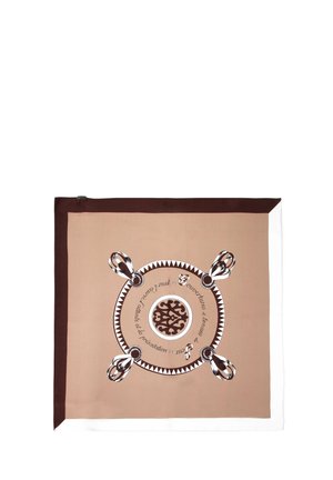 Foulard di seta con un motivo decorativo centrale marrone, circondato da bordi crema e cioccolato. Design del fermaglio notevole in ciascun angolo.