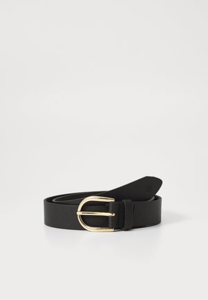 Musta synteettinen vyö, jossa on sileä pinta, varustettuna kultaisella metallisoljella ja minimalistisella muotoilulla. Sisältää lenkin päädyn kiinnittämiseksi.