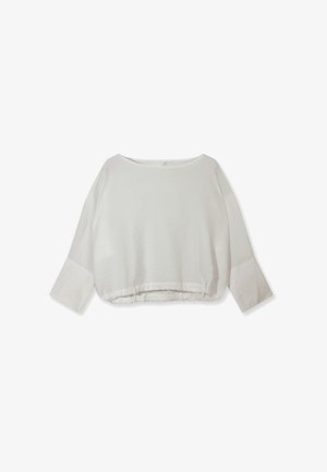 Blouse blanche à manches longues avec manches larges et ourlet élastique, présentée à plat sur un fond blanc.