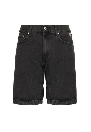 Pantaloncini in denim neri con bottone frontale, chiusura con cerniera, passanti per cintura e design a cinque tasche su sfondo bianco.