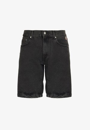 Pantaloncini in denim neri con bottone frontale, chiusura con cerniera, passanti per cintura e design a cinque tasche su sfondo bianco.