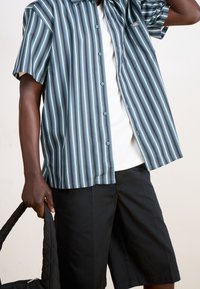 Camisa de manga corta, con botones, de rayas verticales azules, verdes y blancas; usada sobre una camiseta blanca; combinada con pantalones cortos negros y una bolsa.