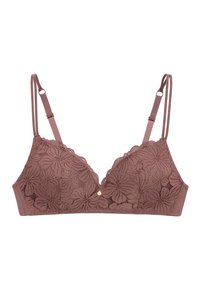 Bralette en dentelle mauve avec un motif floral, décolleté plongeant, bretelles réglables et subtil accent doré au centre. Texture douce.
